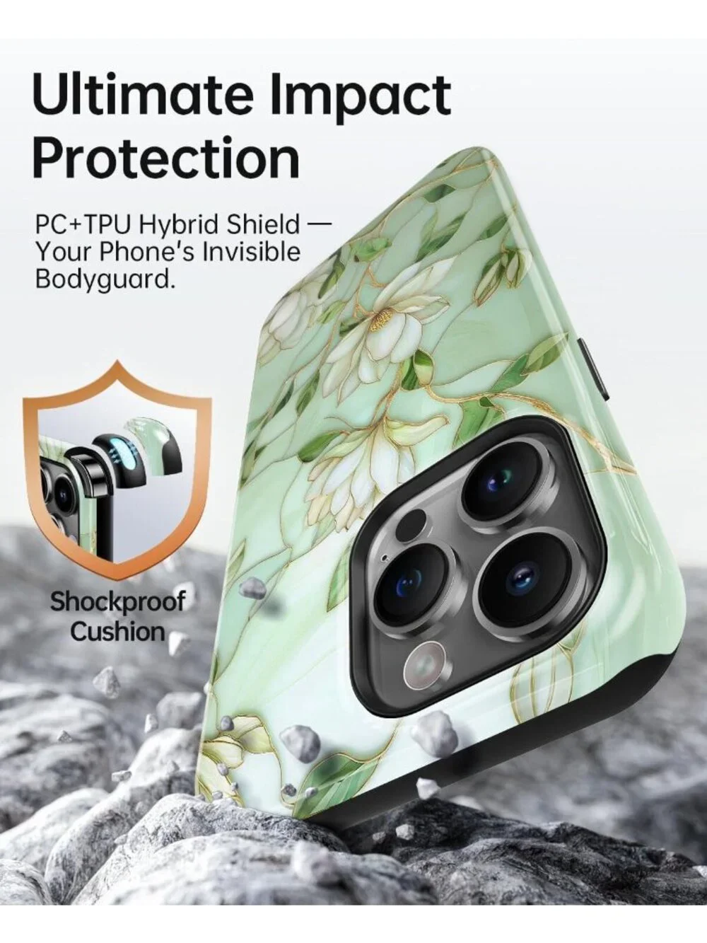 Elegant Green Floral Stained Glass iPhone 15 Pro Case, Slim & Shockproof